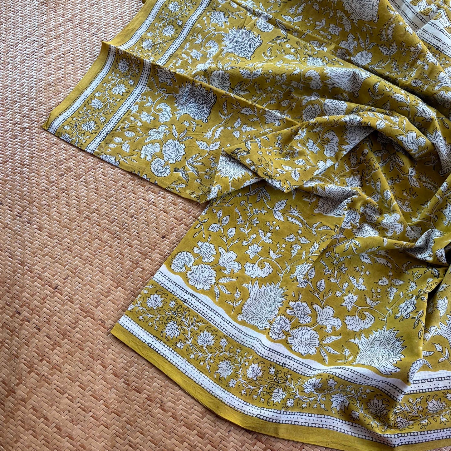 Mul Mul Cotton saree, Hand Block Printed, Mustard