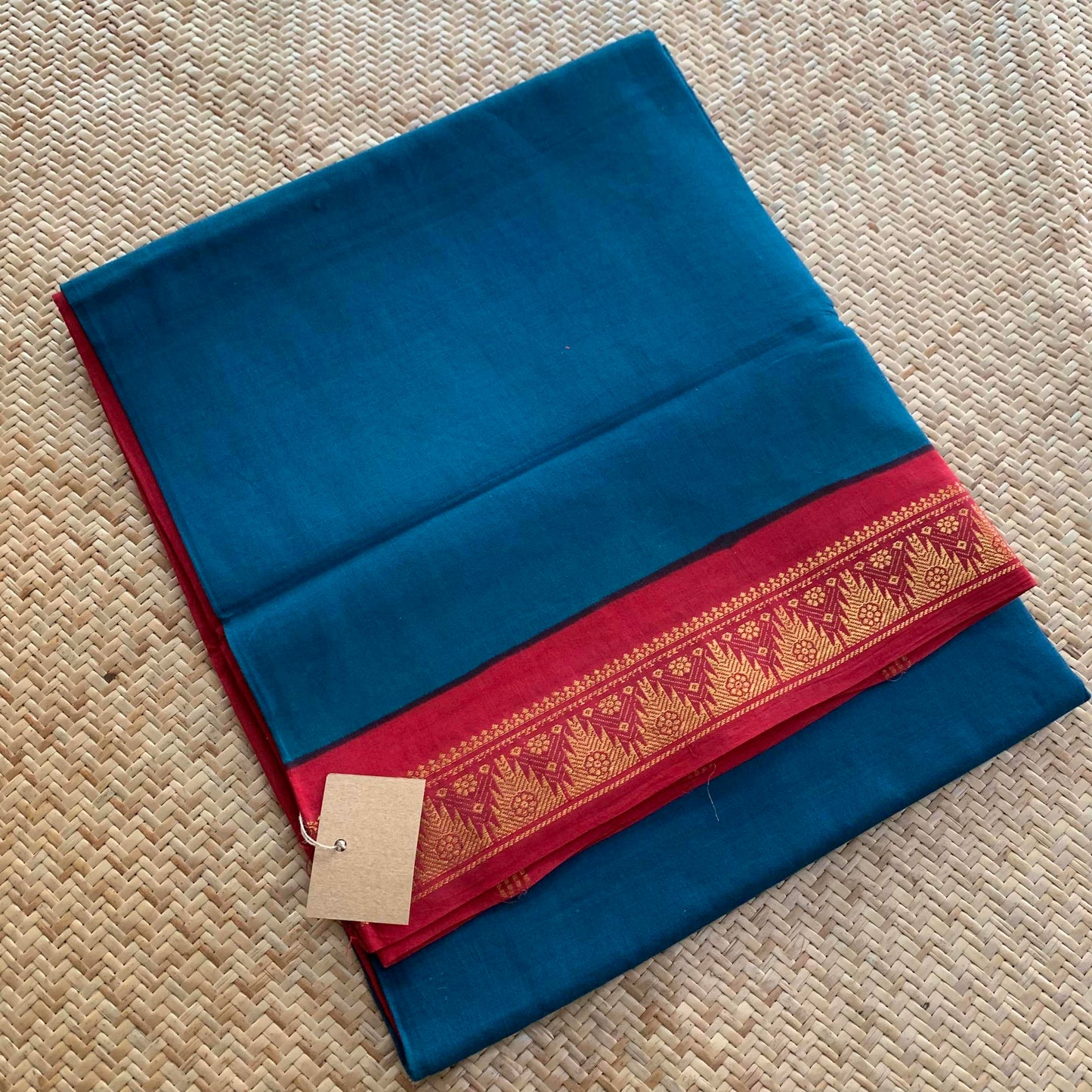 Blue Saree With Red Half Fine Zari Border, Clamp dyed (Kattu sayam).