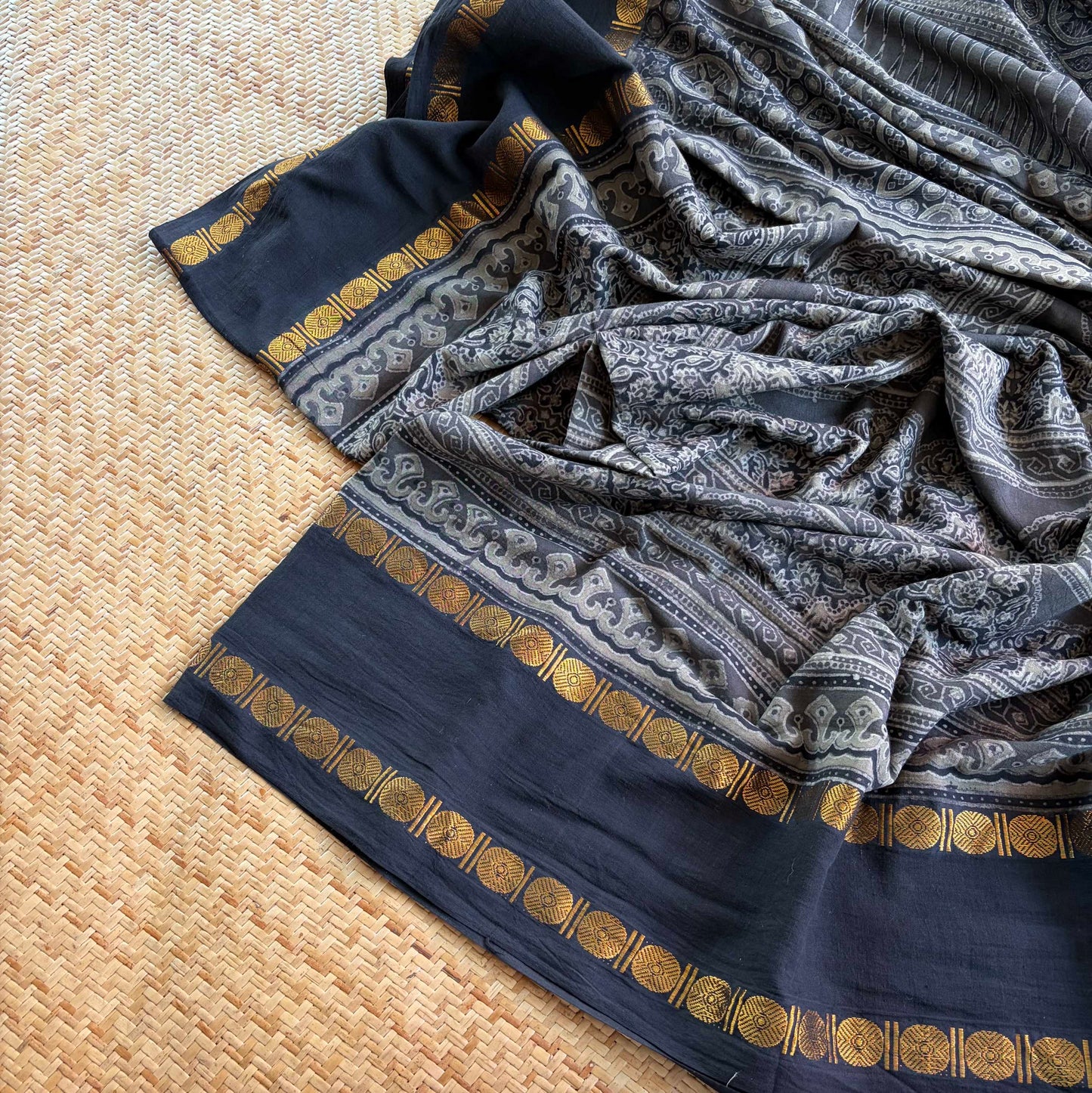 Grey, Ajrak Hand Block Printed On Madurai Cotton Saree With Zari