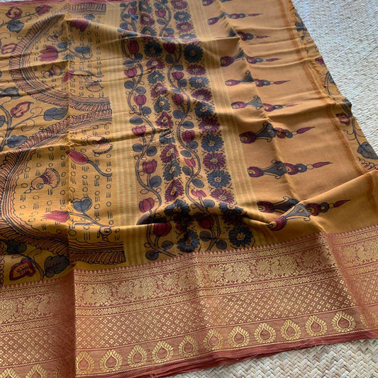 Mustard Hand Painted Kalamkari on Chettinad Cotton Saree