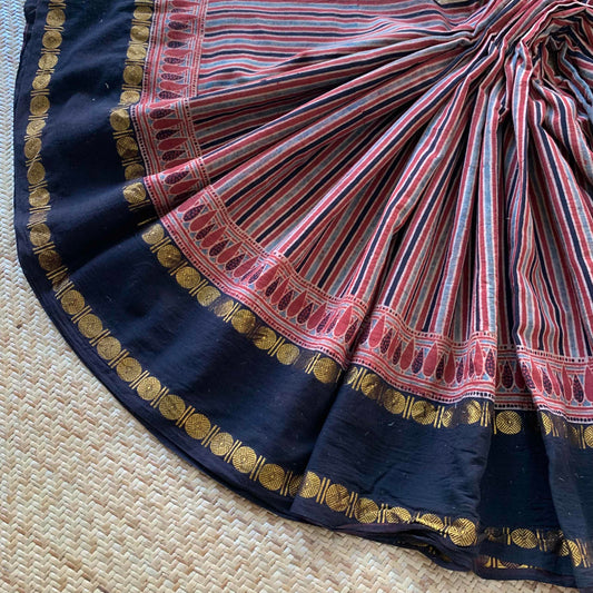 Manjista Stripes-Rudraksham, Ajrak Hand Block Printed On Madurai Cotton Saree With Zari