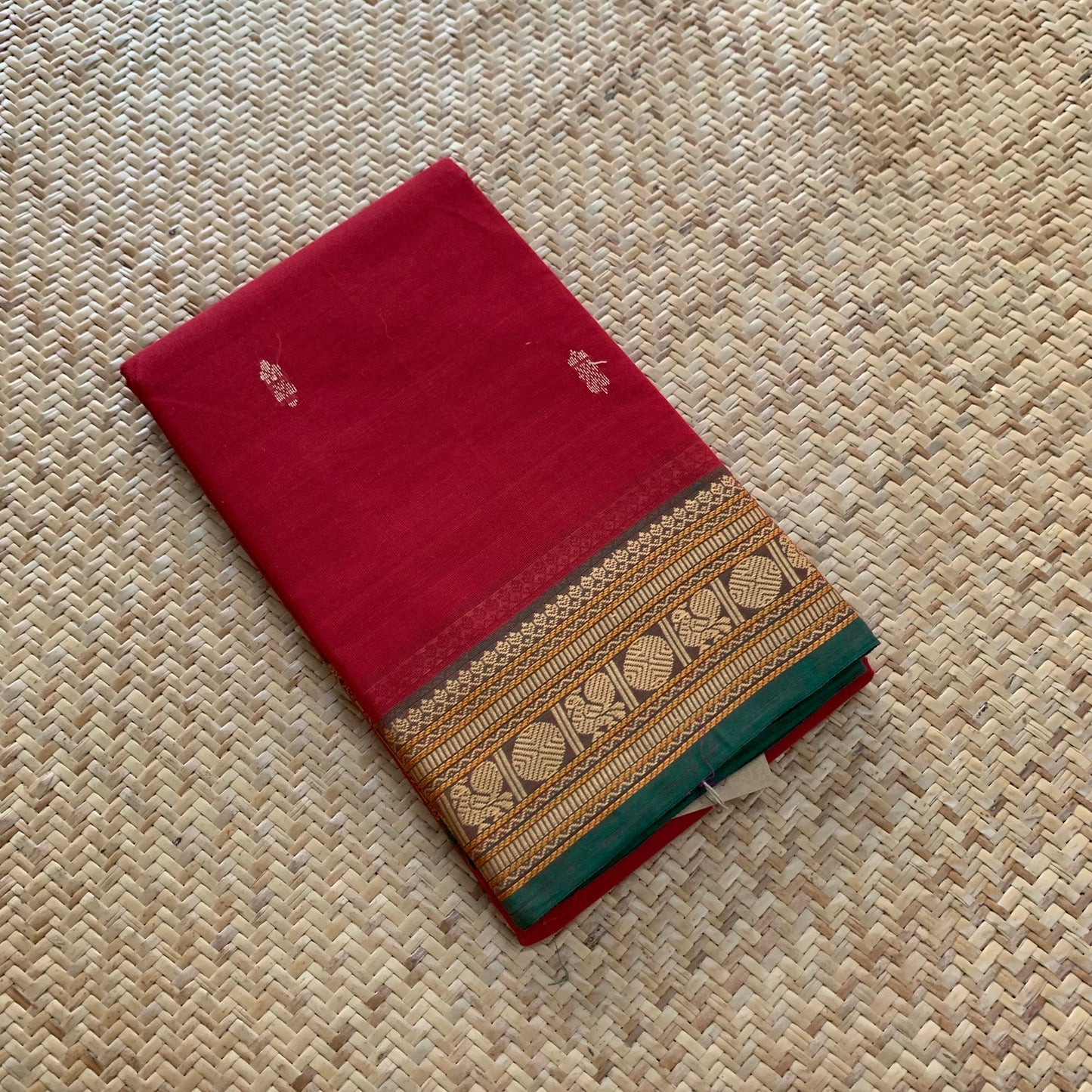 Red with Green Thread Border, Chettinadu Cotton Saree