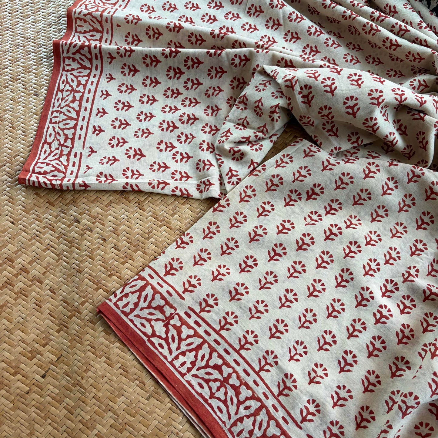 Mul Mul Cotton saree, Hand Block Printed, Cream