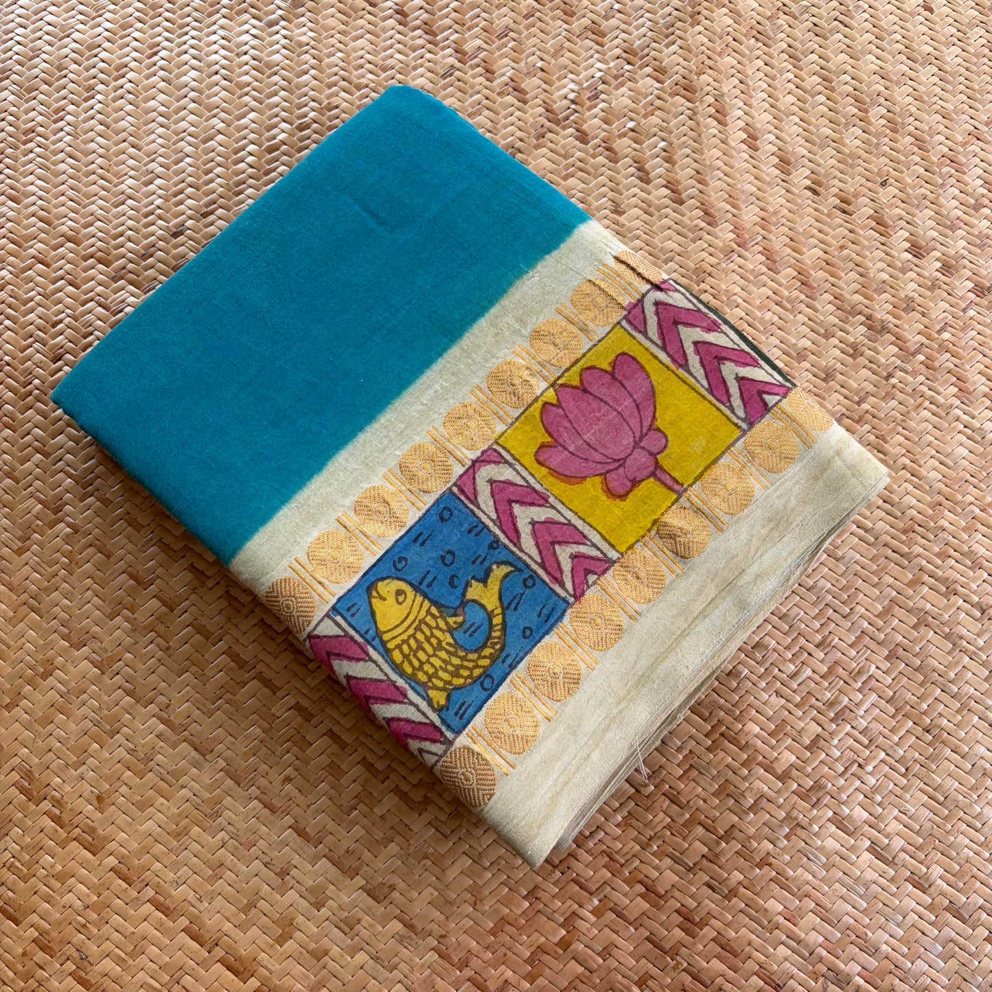 Aqua - Kalamkari Hand Painted on a Madurai Sungudi Cotton saree. With Blouse