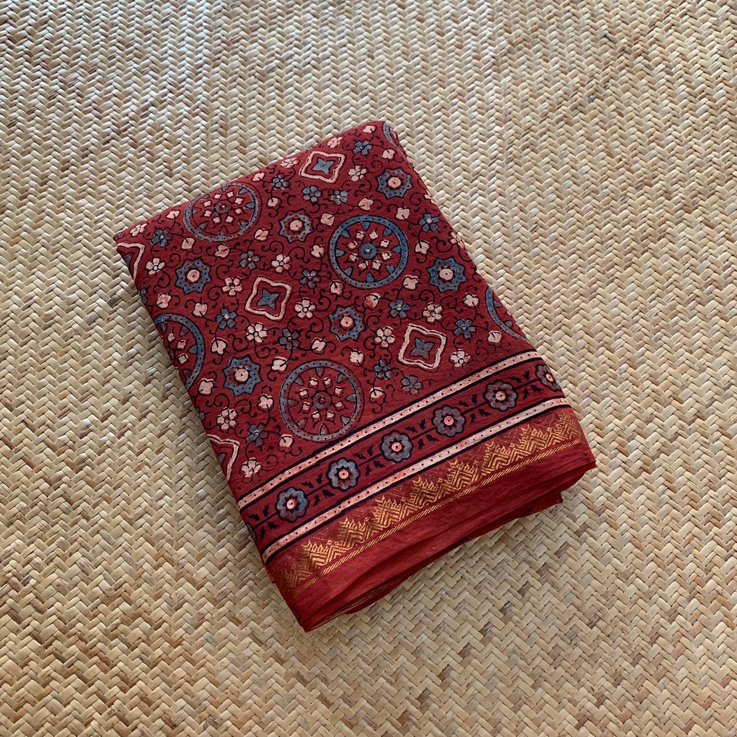 Vintage-Manjistha, Ajrak Hand Block Printed On Madurai Cotton Saree With Zari