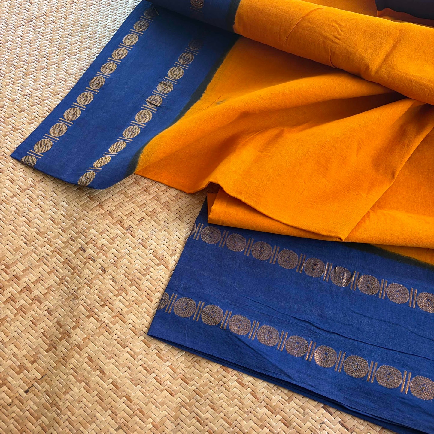Yellow Saree With Running Blouse , Zari Rudraksham Rettai Pettu Border , Clamp dyed (Kattu sayam)