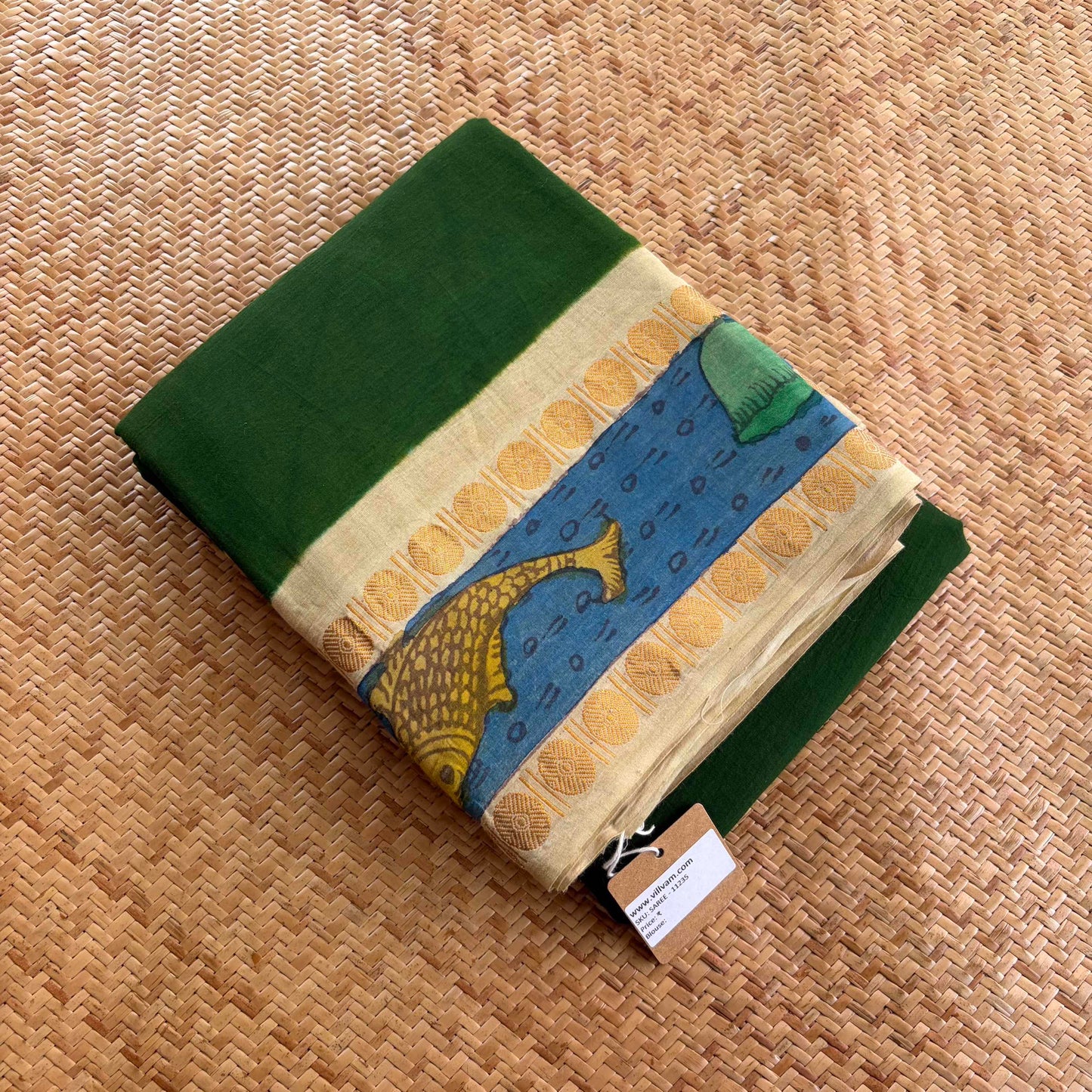 Fish 🐋 - Kalamkari Hand Painted on a Madurai Sungudi Cotton saree. With Blouse
