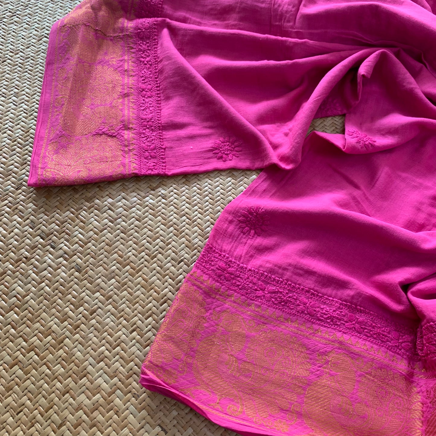 Pink Chickankari Hand Embroidery on a Sungudi Cotton Saree