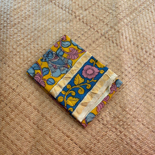 Yellow Floral, Kalamkari Hand Painted on a Madurai Sungudi Cotton 1.20 METER FABRIC