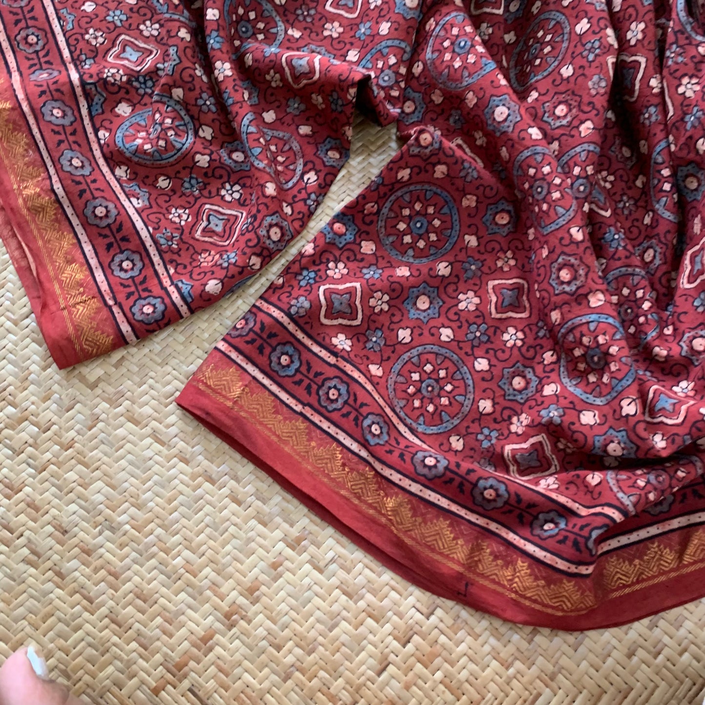 Vintage-Manjistha, Ajrak Hand Block Printed On Madurai Cotton Saree With Zari