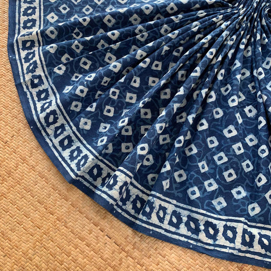 Mul Mul Cotton saree, Dabu Block Printed indigo Blue