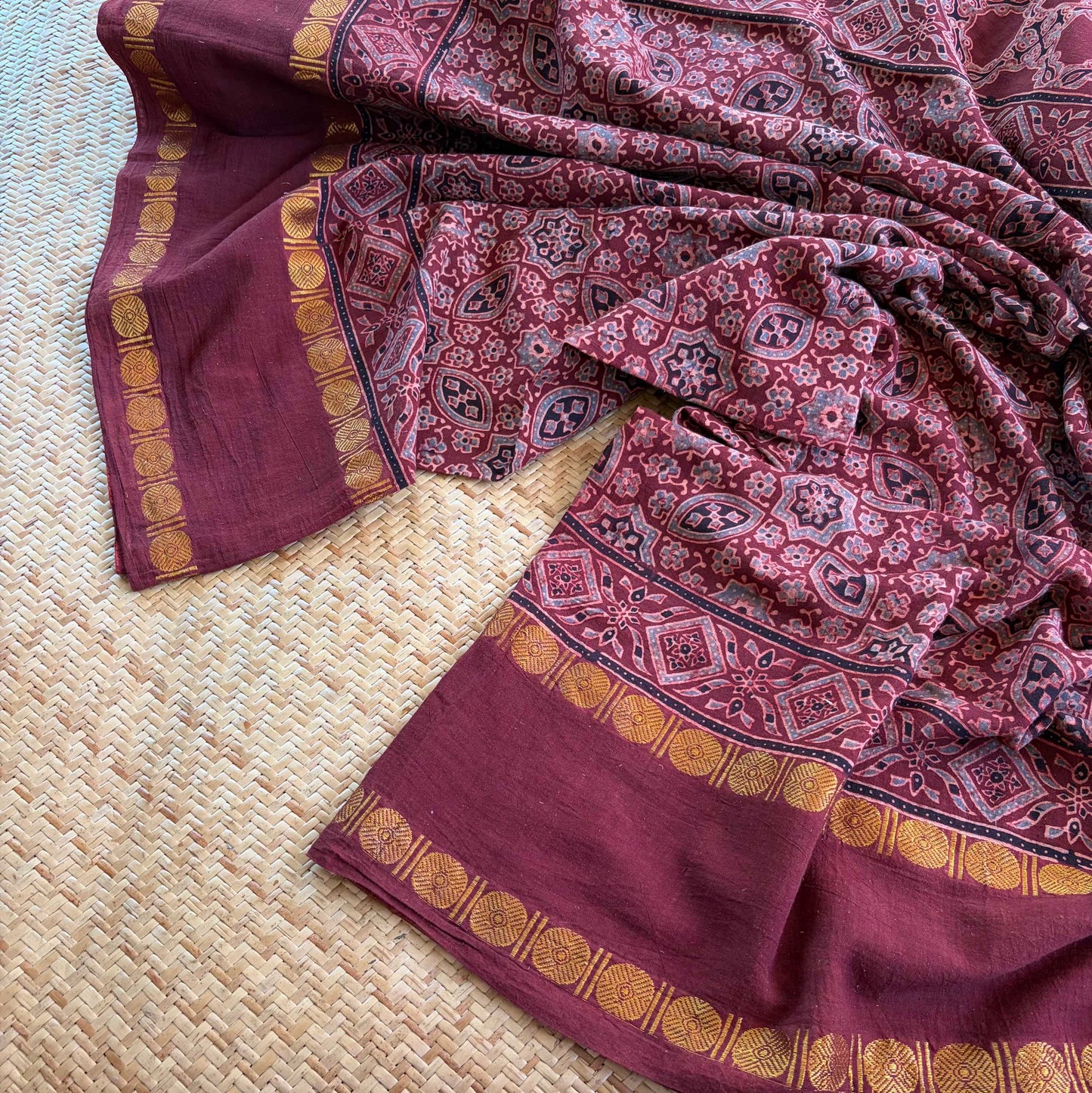 Araku, Ajrak Hand Block Printed On Madurai Cotton Saree With Zari