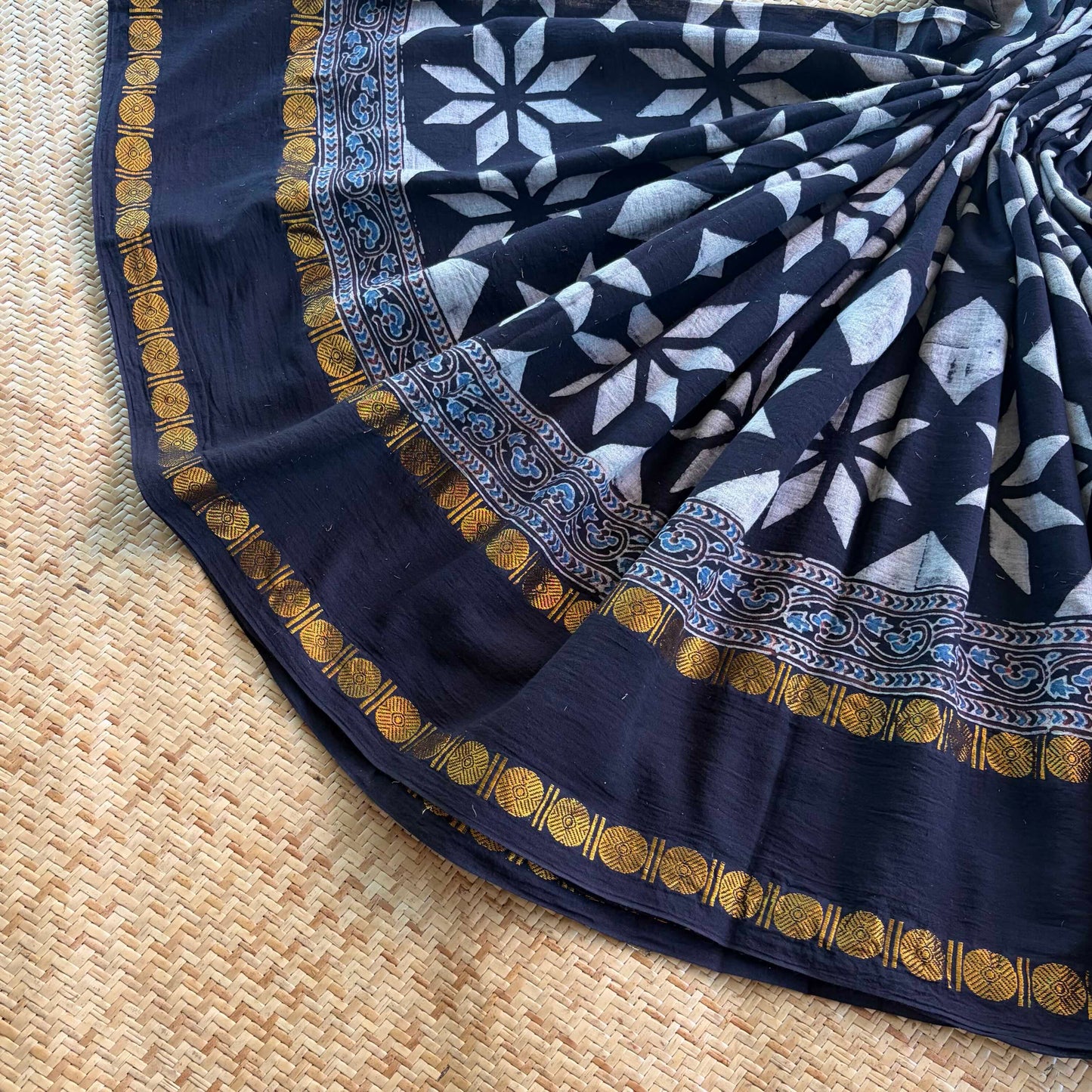 Black, Ajrak Hand Block Printed On Madurai Cotton Saree With Zari