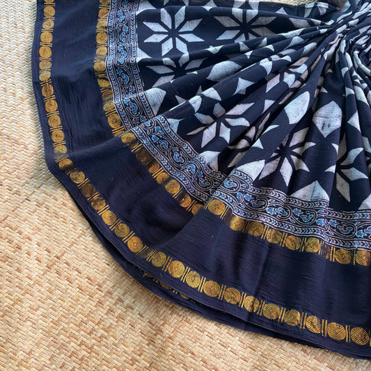 Black, Ajrak Hand Block Printed On Madurai Cotton Saree With Zari