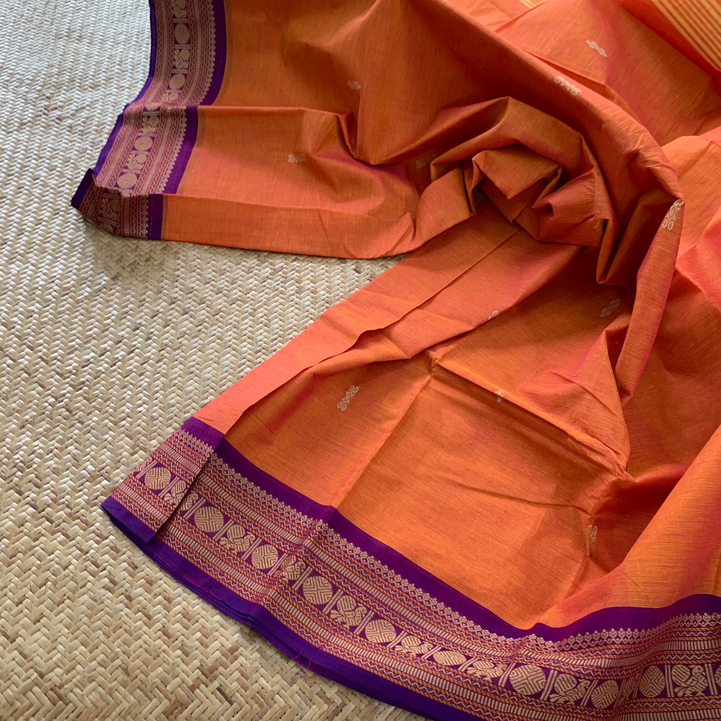 Orange with purple Thread Border, Chettinadu Cotton Saree