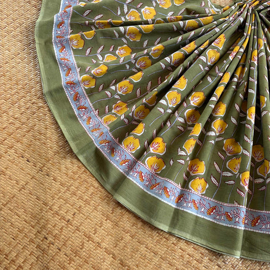 Mul Mul Cotton saree, Hand Block Printed, Green