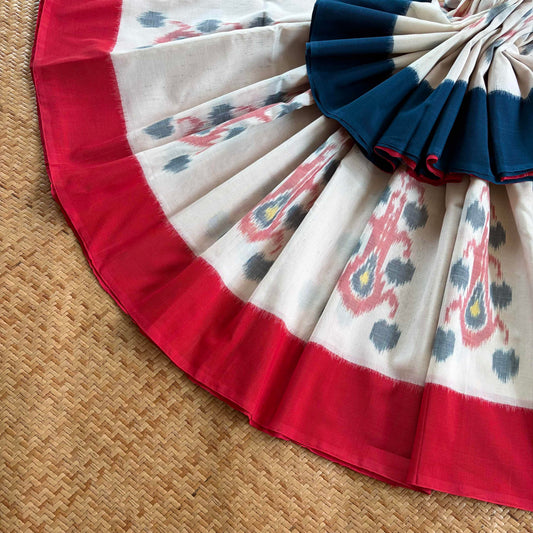 Off White, Pochambally Ikkat Hand Woven Cotton Saree