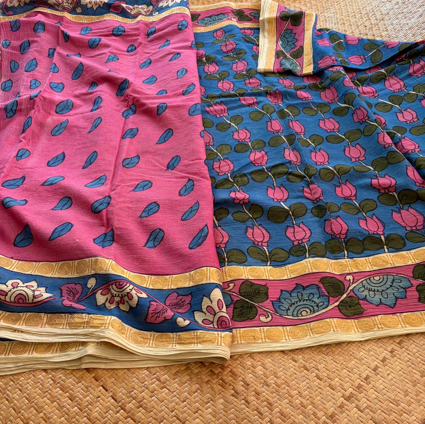 Blue Kalamkari Hand Painted on Cotton Sungudi Saree With Blouse