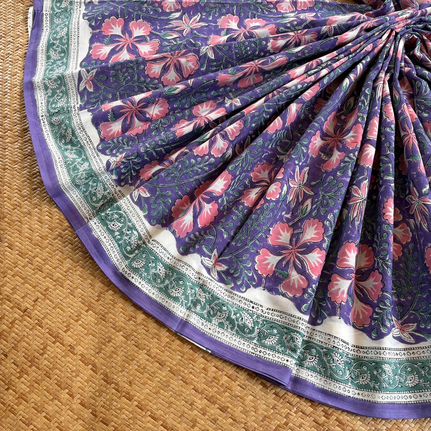 Mul Mul Cotton saree, Hand Block Printed, Purple