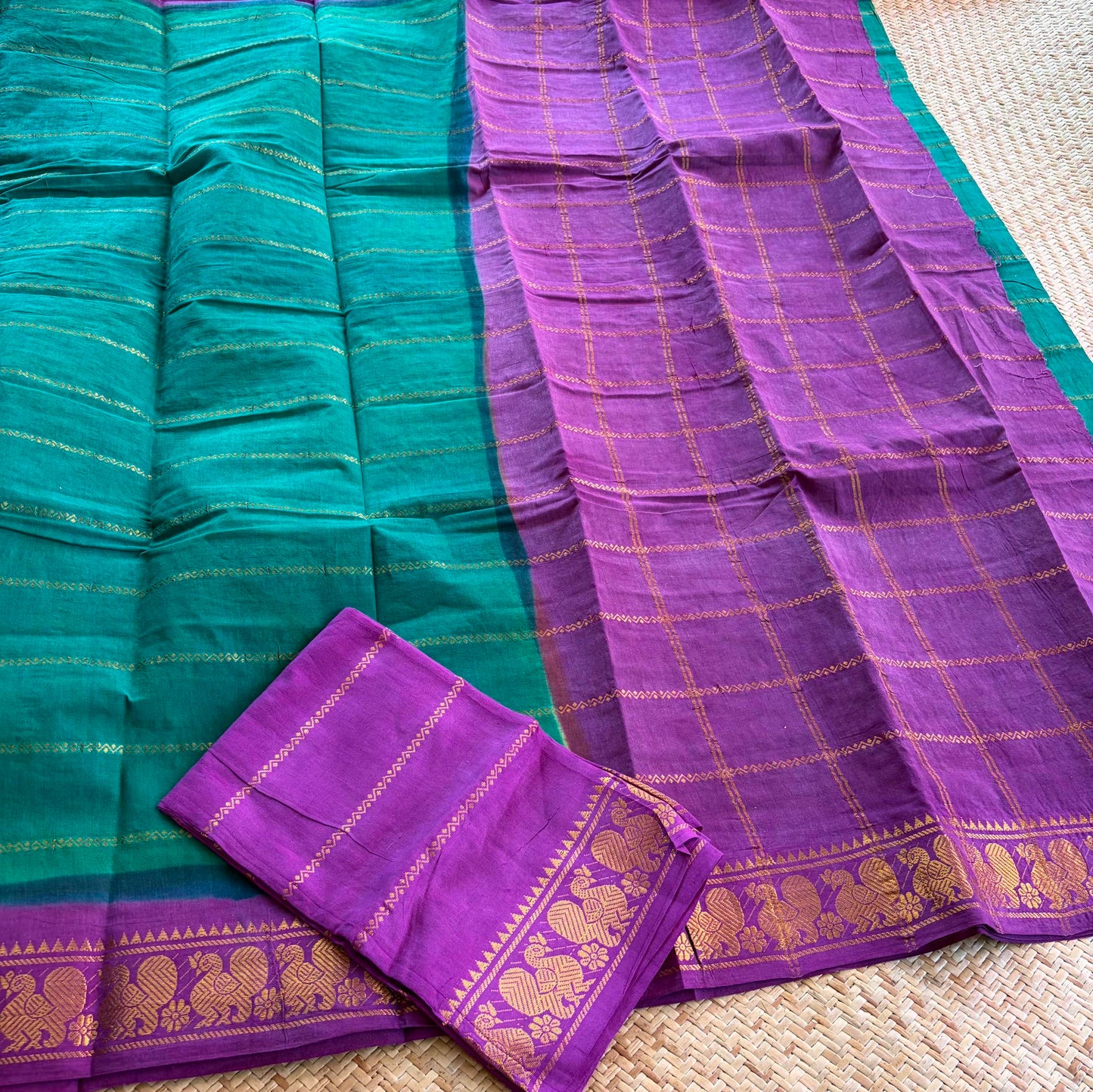 Green saree with Purple Border, Zari Velthari Madurai Sungadi Saree with blouse