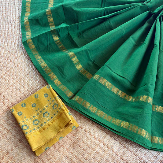 Green Saree With Ajrak Blouse , Zari Rudraksham Rettai Pettu Border , Clamp dyed (Kattu sayam)