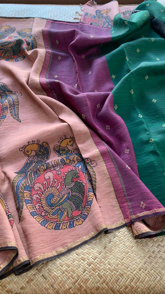 Dusty Pink Hand Paint Kalamkari On Kanchivaram Silk Saree