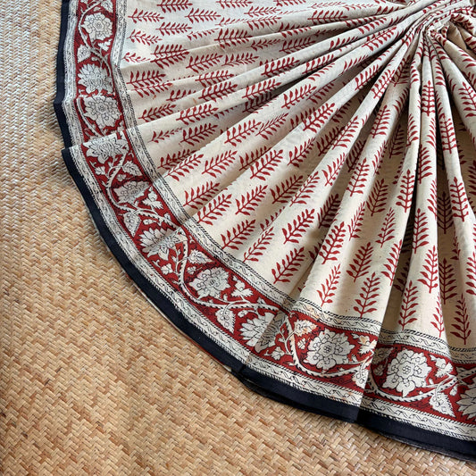 Mul Mul Cotton saree, Hand Block Printed, Beige