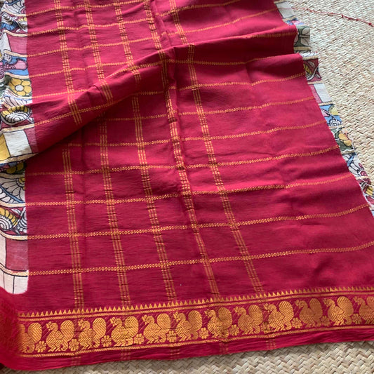 Multicoloured Kalamkari Hand Painted on a Madurai Velthari Sungudi Cotton saree.
