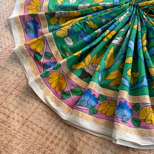 Green Kalamkari Hand Painted on Cotton Sungudi Saree With Blouse