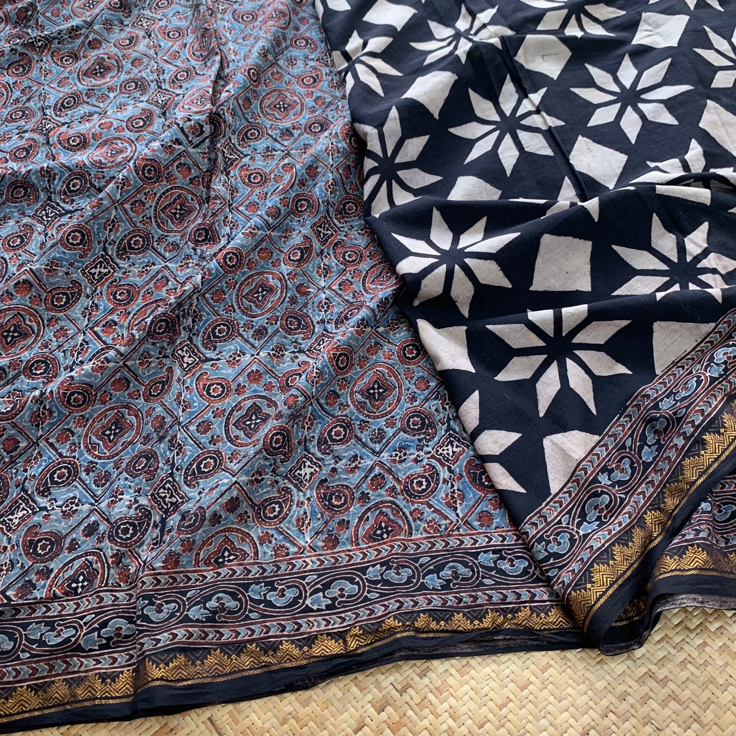 Athangudi Tiles- Charcoal, Ajrak Hand Block Printed On Madurai Cotton Saree With Zari