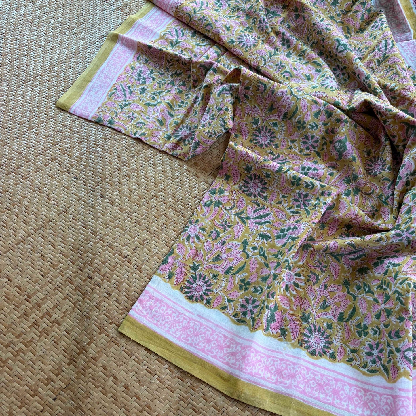 Mul Mul Cotton saree, Hand Block Printed, Mustard