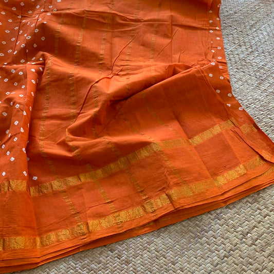 Orange Saree, Hand knotted Sungudi On a Annam Border Cotton saree, Kaikattu Sungudi