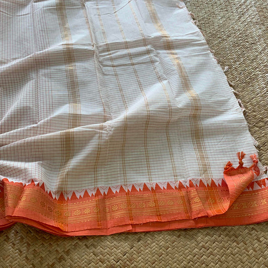 Chettinad Cotton Saree, Pure White Checked Saree With Orange Border