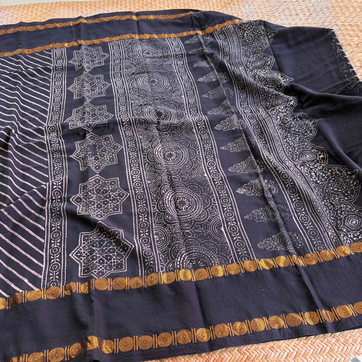 Diagonal Black, Ajrak Hand Block Printed On Madurai Cotton Saree With Zari