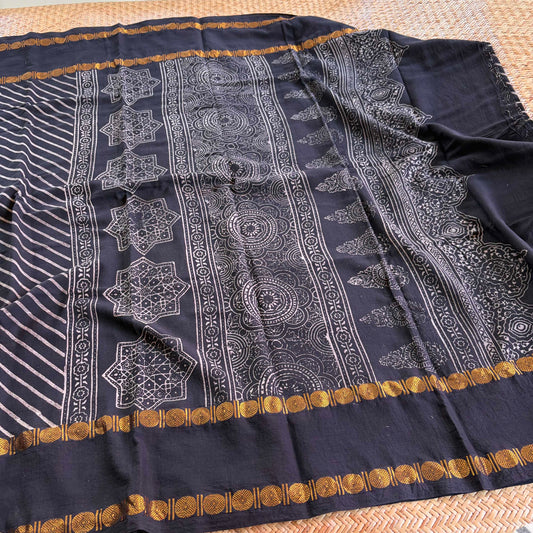 Diagonal Black, Ajrak Hand Block Printed On Madurai Cotton Saree With Zari