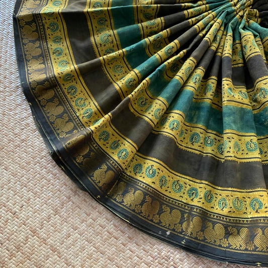 Trailing Plants-Mustard, Ajrak Hand Block Printed On Madurai Cotton Saree With Zari