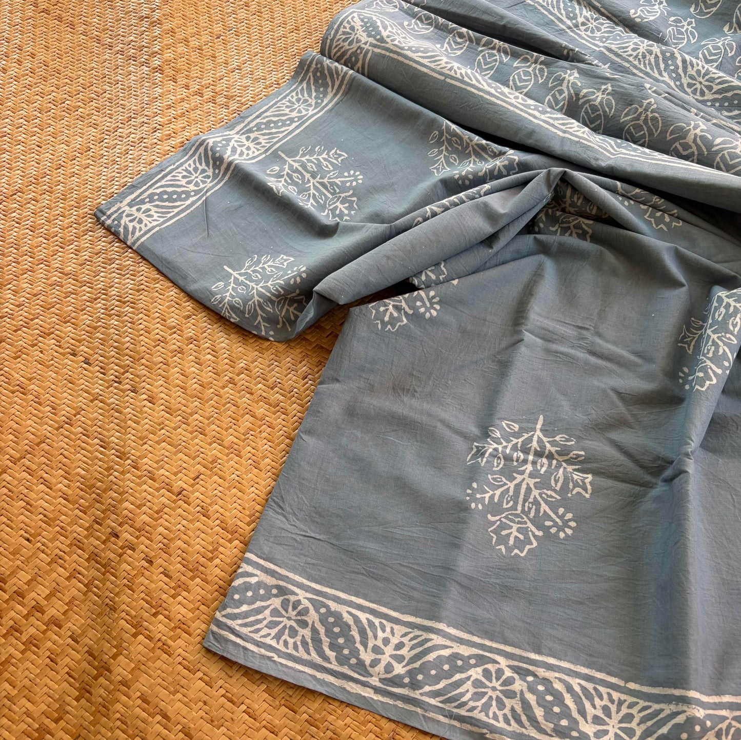 Mul Mul Cotton saree, Hand Block Printed, Powder Blue