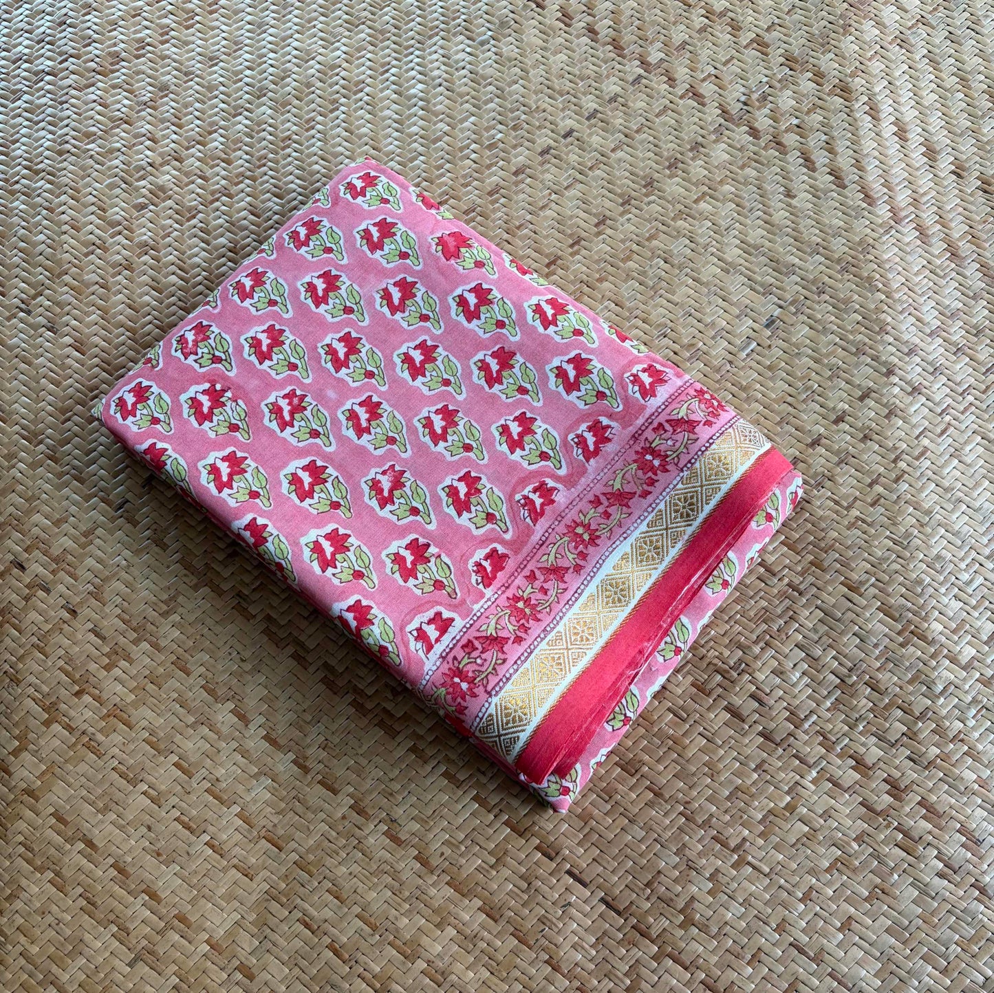 Pink, Jaipur Hand Block Printed On Madurai Cotton Saree With Zari