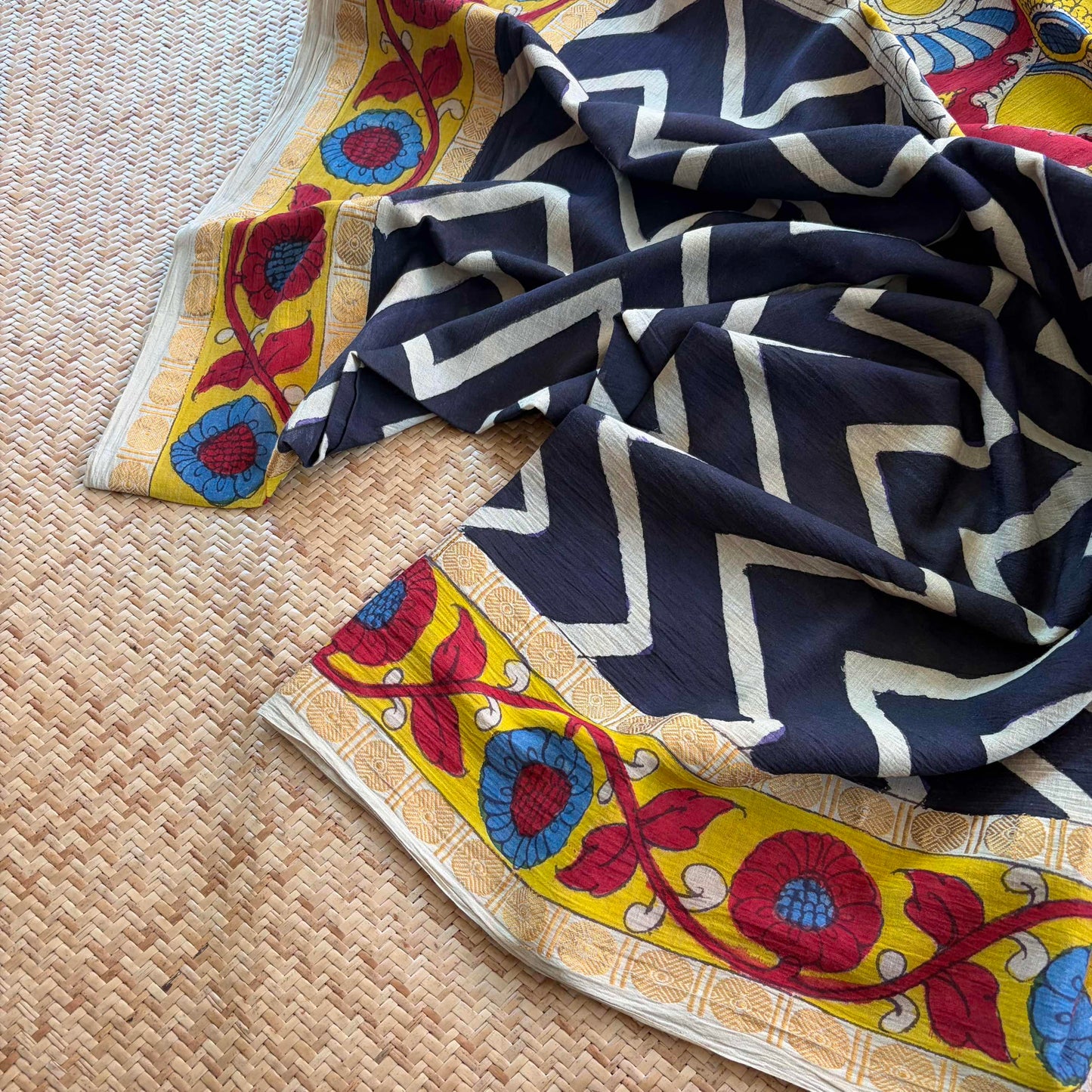 Herringbone Kalamkari Hand Painted on Cotton Sungudi Saree With Blouse