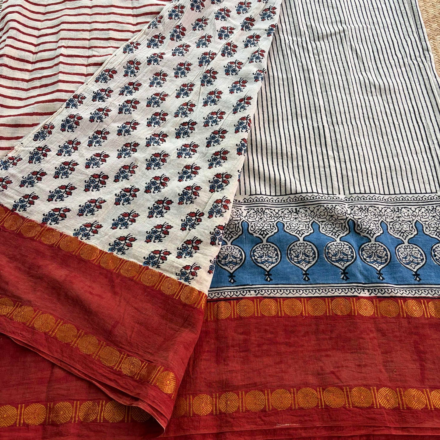 Off White Stripes, Ajrak Hand Block Printed On Madurai Cotton Saree With Zari