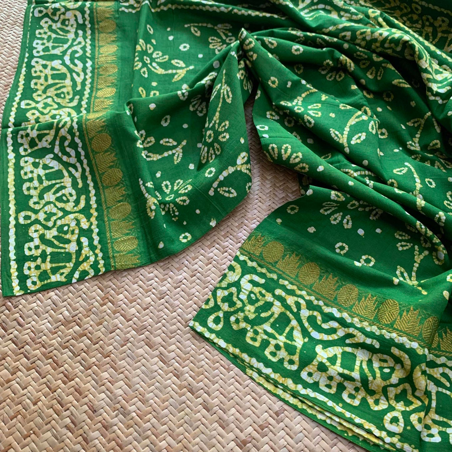 Green Hand Crafted wax print Sungudi Mul Mul Cotton Saree