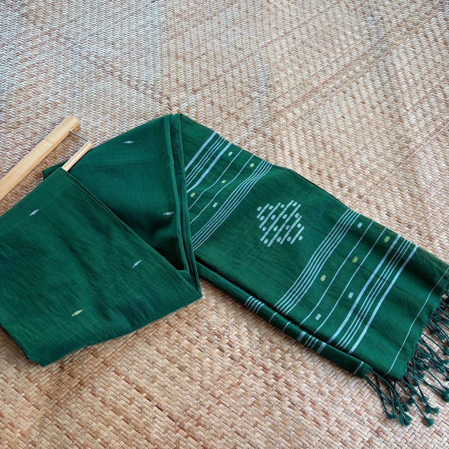 Green, Jamdani Cotton Handloom Dupatta