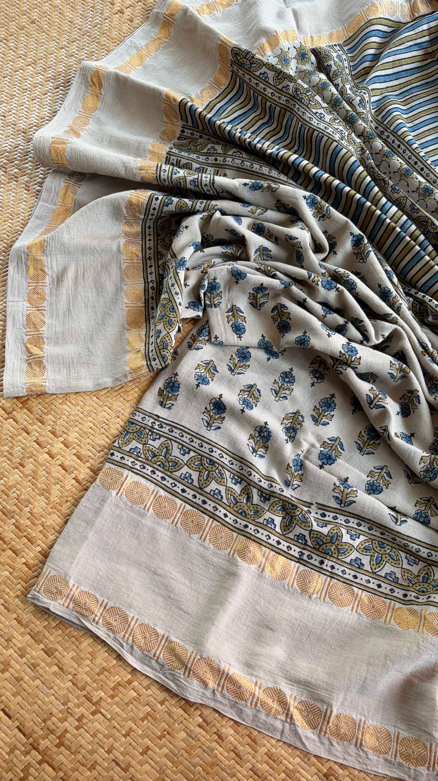 Pastel Grey, Ajrak Hand Block Printed On Madurai Cotton Saree With Zari
