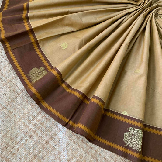 Kanchipuram Cotton Saree, Beige Double Tone Saree with Brown Border and Grand Pallu with Yazhi Chakkaram Butta