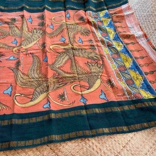 Crane, Kalamkari Hand Painted on a Madurai Sungudi Cotton saree.