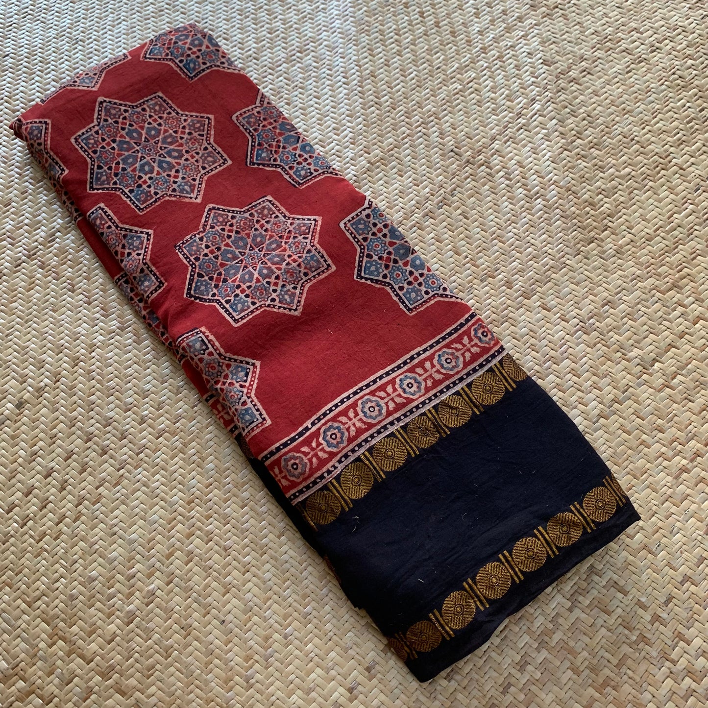 Star-Manjistha, Ajrak Hand Block Printed On Madurai Cotton Saree With Zari