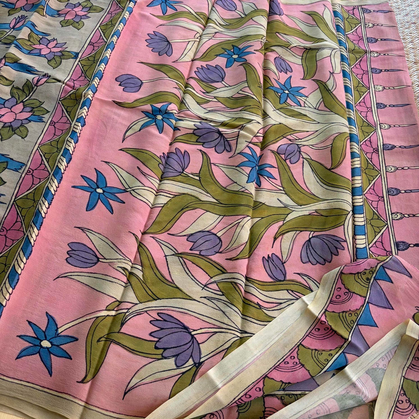 Multicoloured Kalamkari Hand Painted on Crape silk