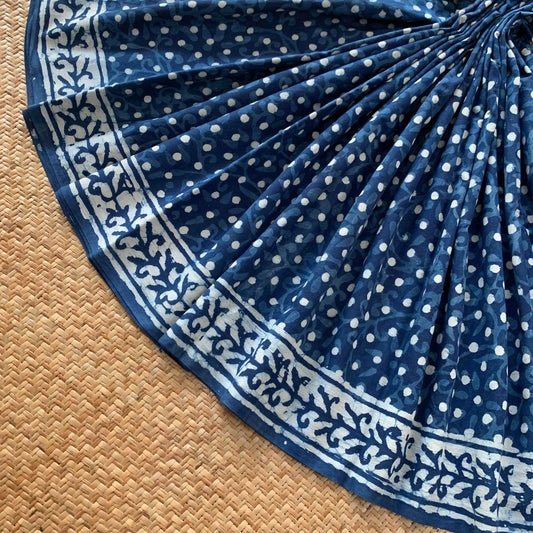 Mul Mul Cotton saree, Dabu Hand Block Printed, Indigo Blue