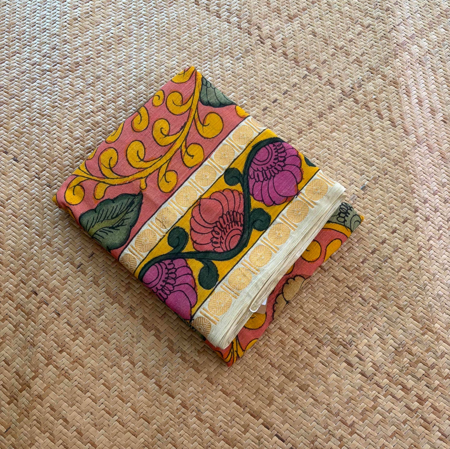 Peach Kalamkari Hand Painted on Cotton Sungudi Saree With Blouse