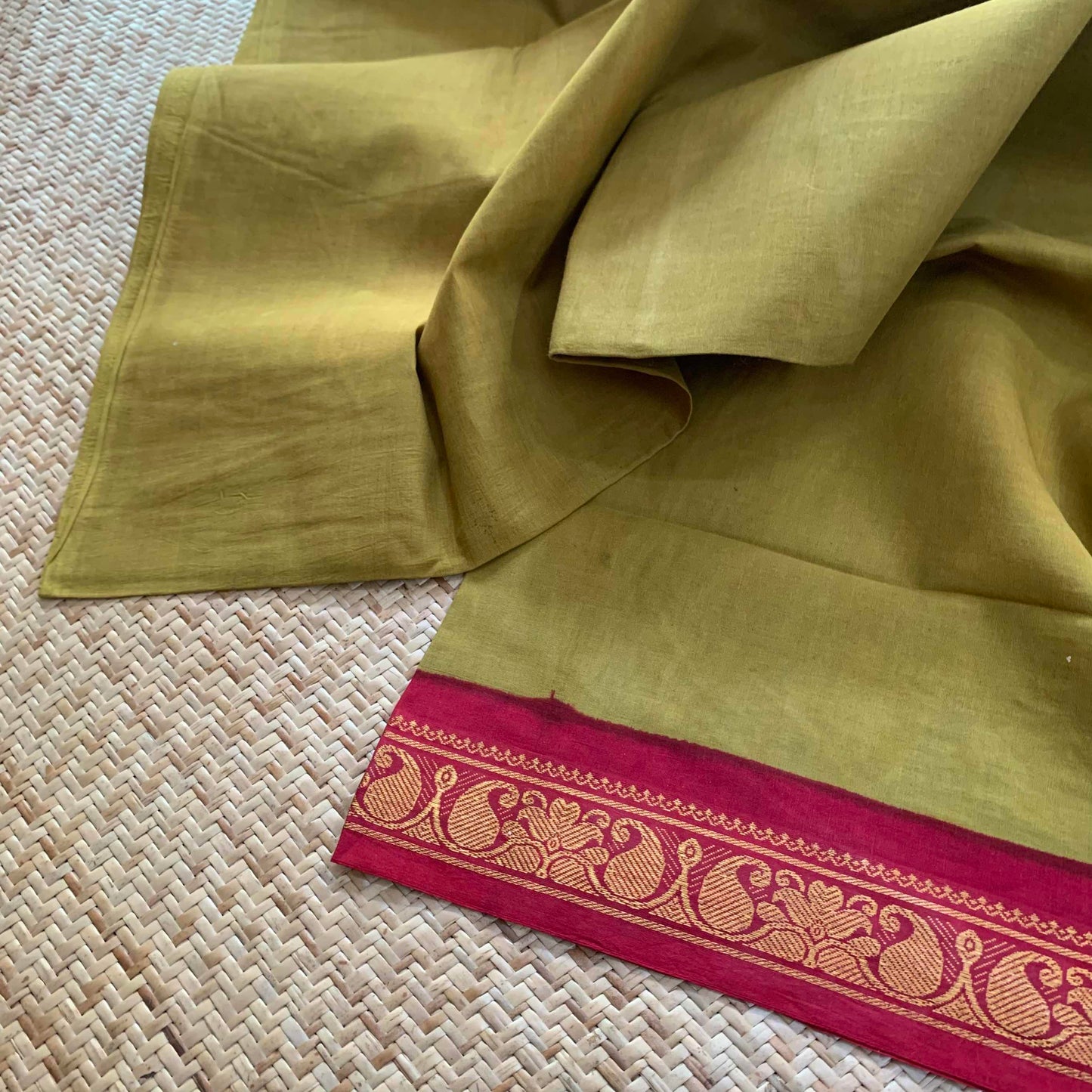 Green Saree With Red Half Fine Zari Border, Clamp dyed (Kattu sayam).